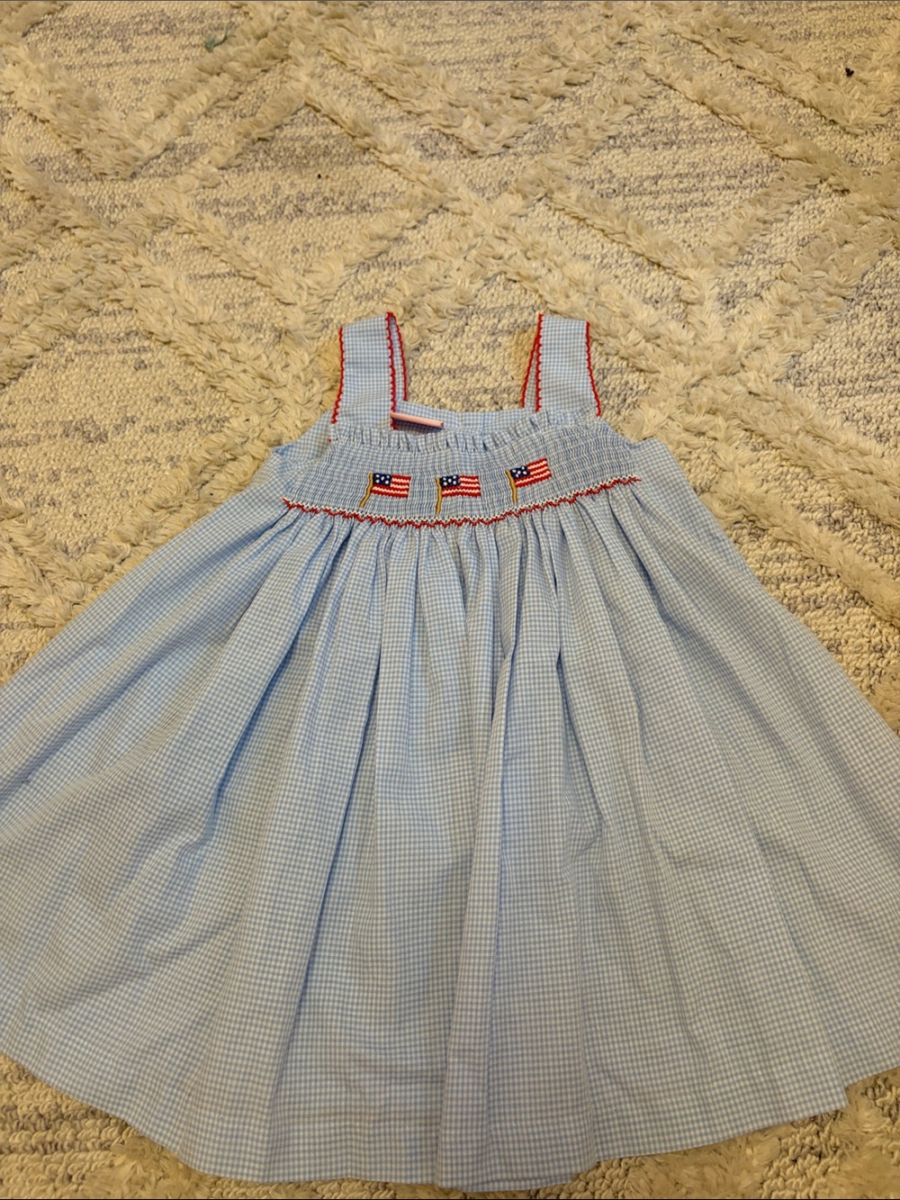 Light Blue Gingham Girls Sundress with Flag Smocking